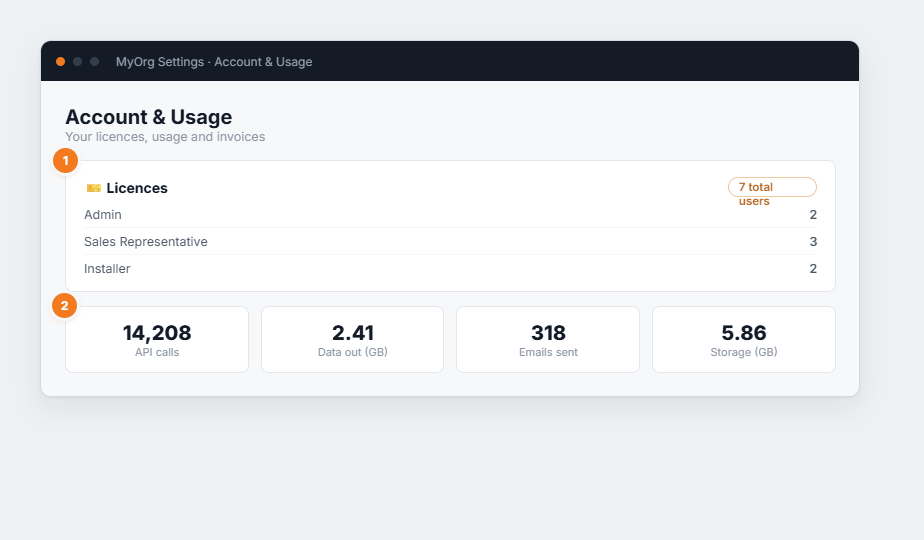 The Account & Usage page with a licences-by-role table and usage metric cards for API calls, data out, emails and storage.