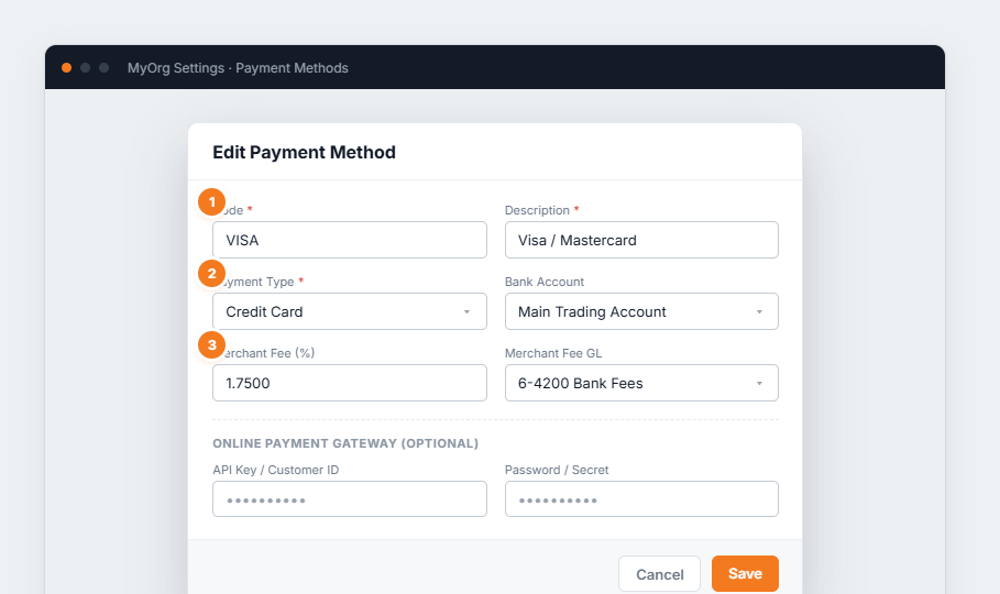The Edit Payment Method dialog with code, description, payment type, bank account, merchant fee and gateway fields.