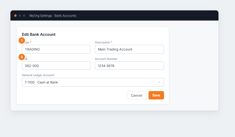 The Edit Bank Account form with code, description, BSB, account number and general-ledger account.
