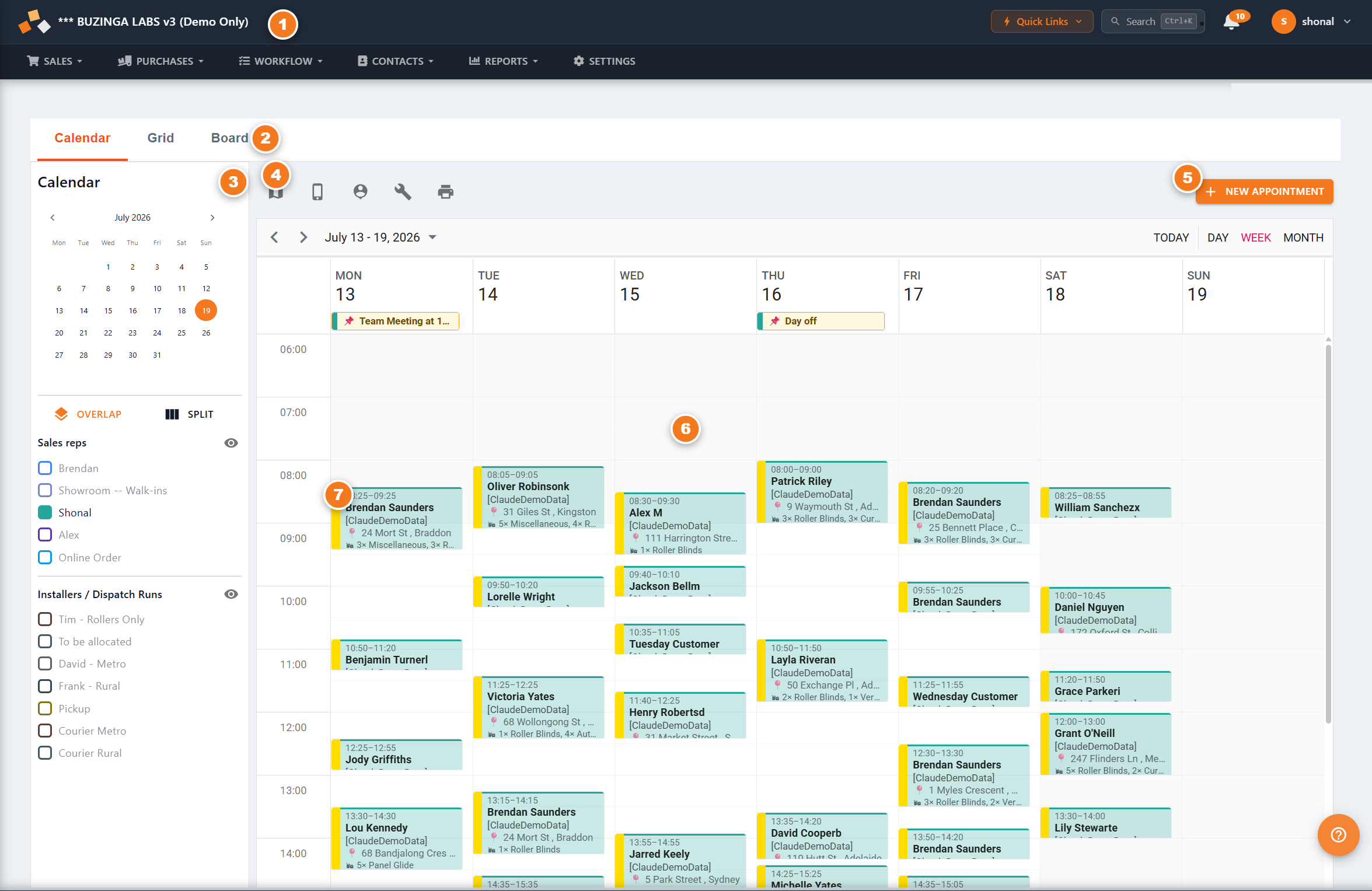 The BUZ Leads calendar: dark top bar and menu, Calendar/Grid/Board tabs, a side rail of sales reps, a toolbar with New Appointment, and a week grid of coloured appointment blocks.