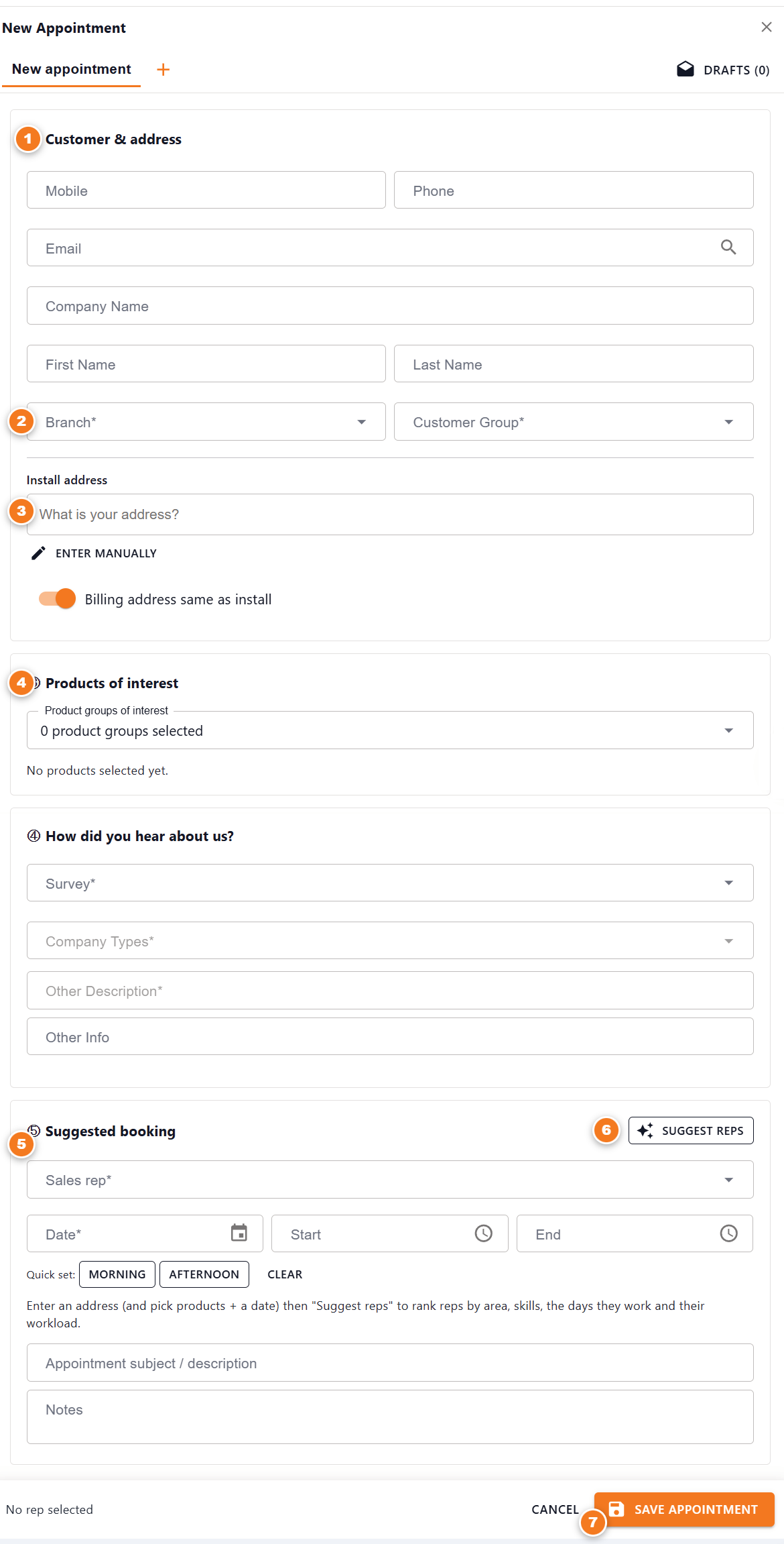 The New Appointment form: Customer & address, Products of interest, How did you hear about us, and Suggested booking, with a Save Appointment bar at the bottom.