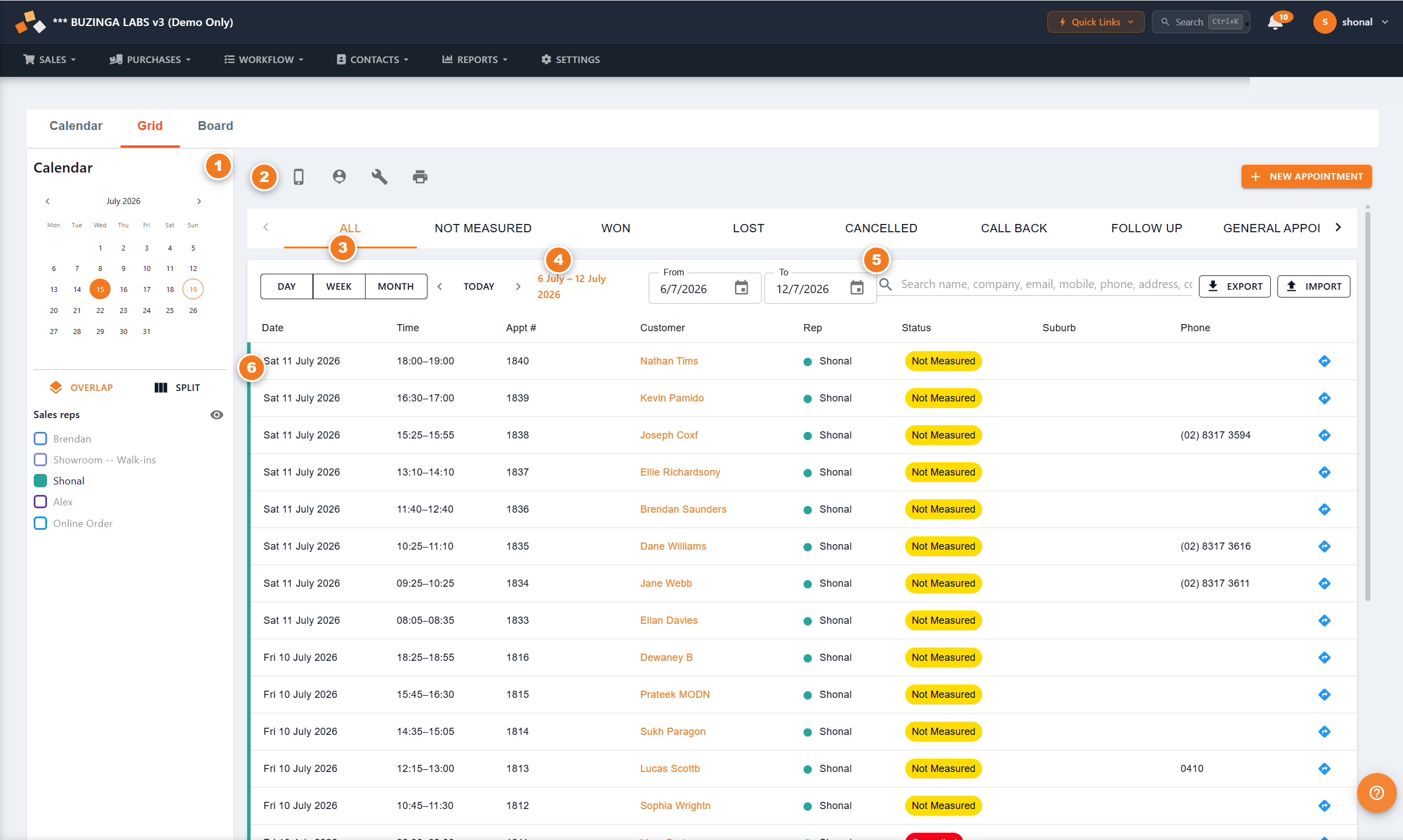 The Grid view: status filter tabs, a Day/Week/Month date range, a search box, Export and Import, and a table of appointments with date, time, number, customer, rep, status, suburb, phone and a directions arrow.