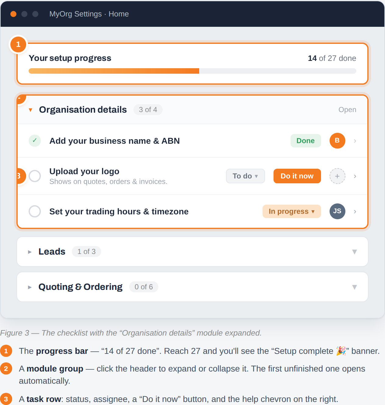 The checklist with the Organisation details module expanded.