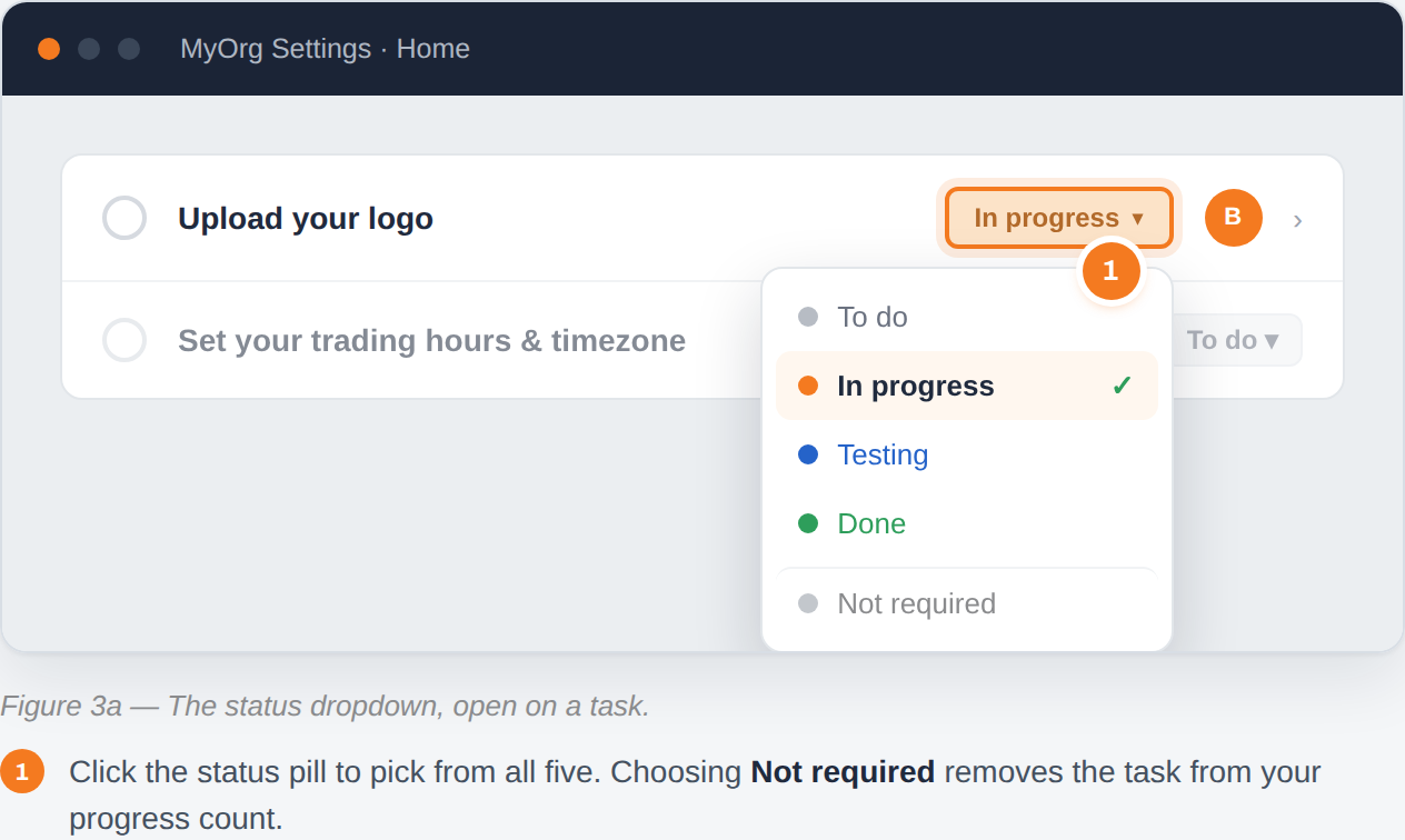 The status dropdown, open on a task.