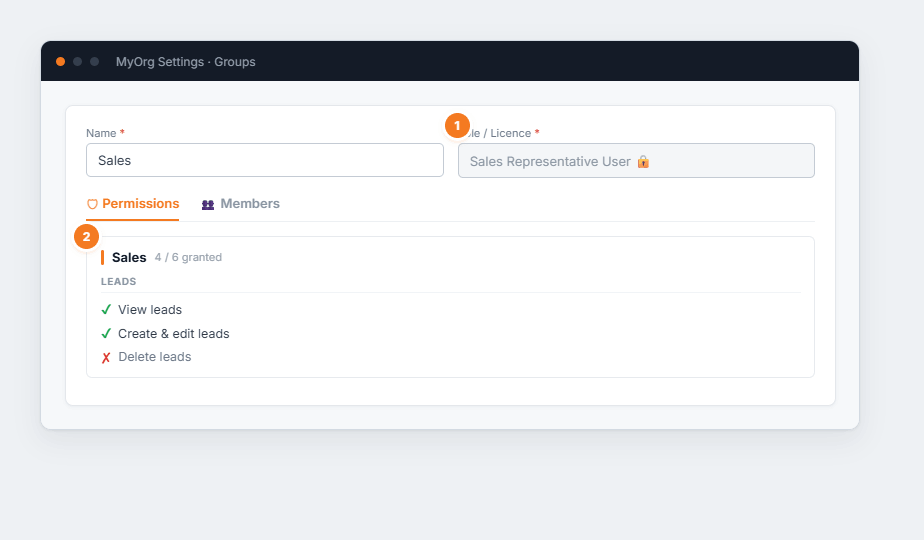 The group editor showing name, locked role/licence, and the Permissions tab with grant/deny toggles by category.