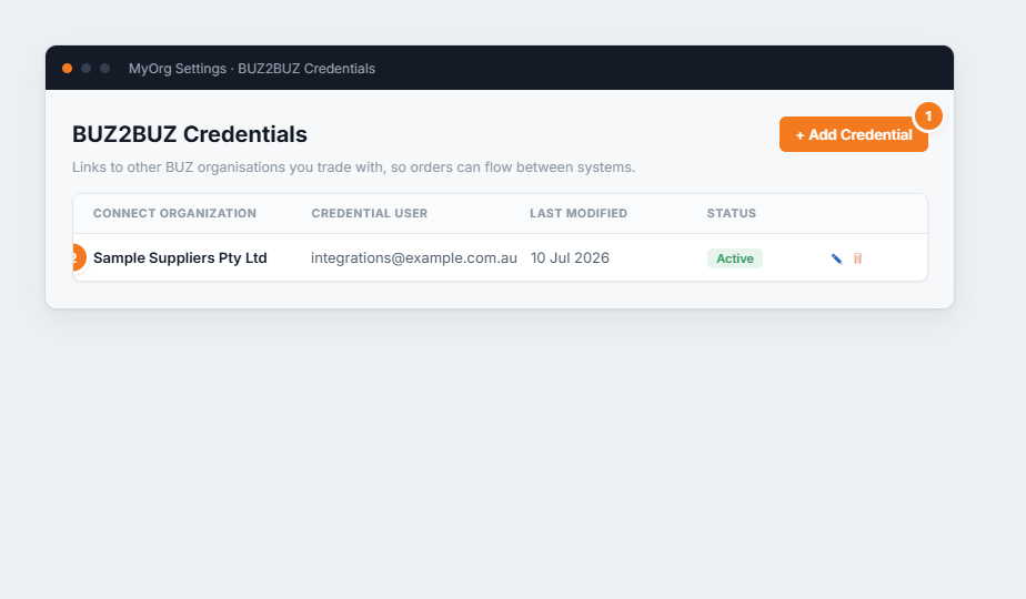 The BUZ2BUZ Credentials list with connect organisation, credential user, last modified and status.