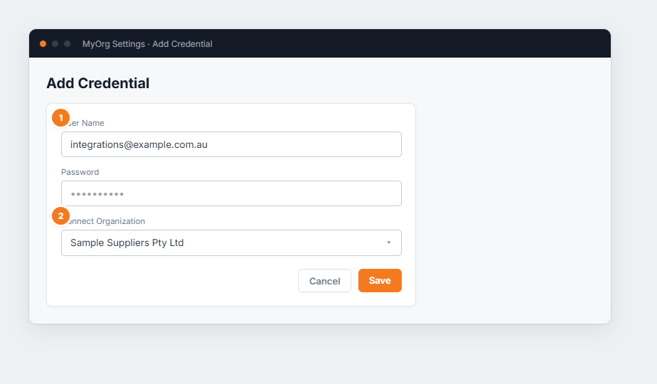 The Add Credential form with user name, password and connect-organization fields.