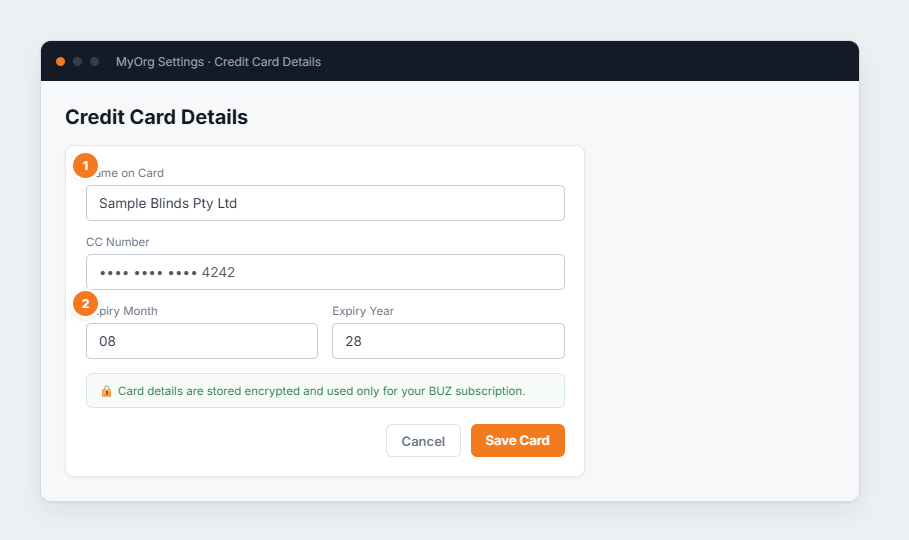The Credit Card Details form with name on card, card number and expiry fields, and a security notice.