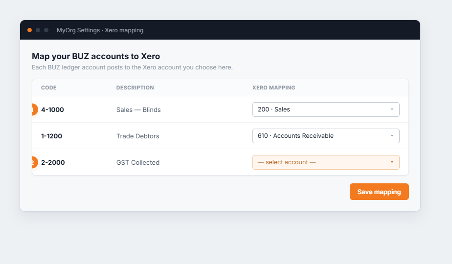 The account-mapping table pairing BUZ ledger codes with Xero accounts, one row unmapped.
