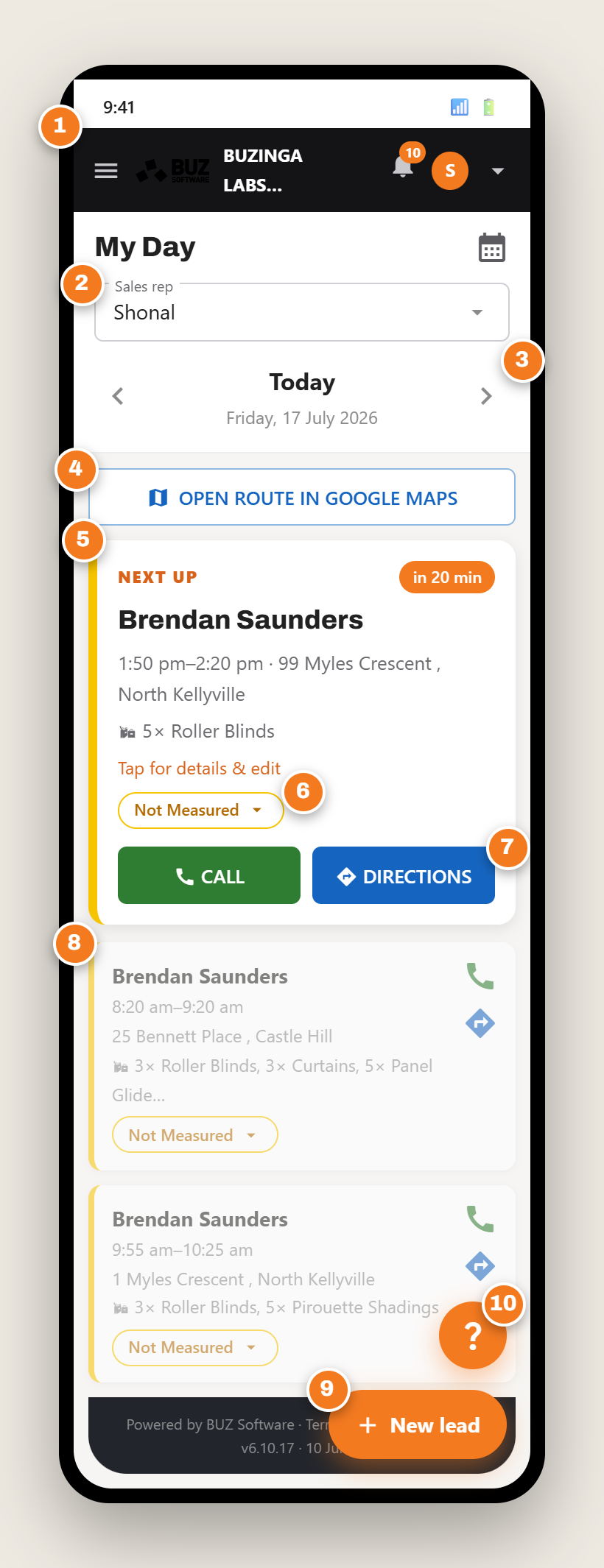 The My Day phone screen: dark top bar, a Leads area, My Day heading, a Sales rep picker, a Today date picker, an Open route in Google Maps button, a yellow-bordered Next Up card with Call and Directions buttons, and a list of the day's appointments.