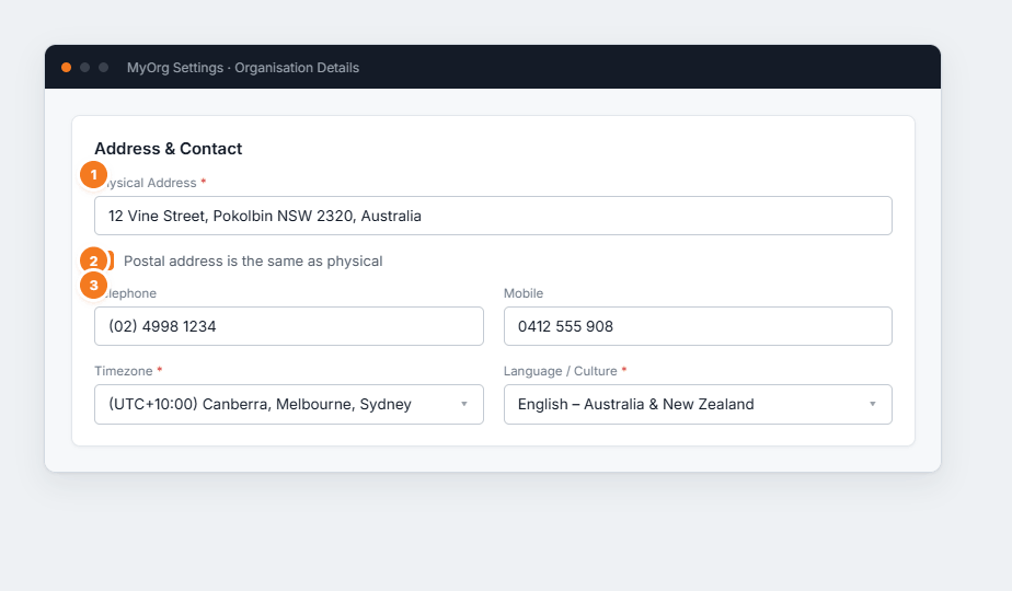 The Address & Contact card with physical address, the same-as-physical toggle, phone, mobile, timezone and culture.