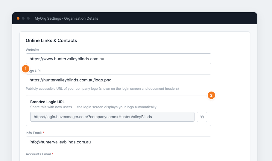 The Online Links & Contacts card with website, logo URL, the branded login URL helper, and info/accounts emails.