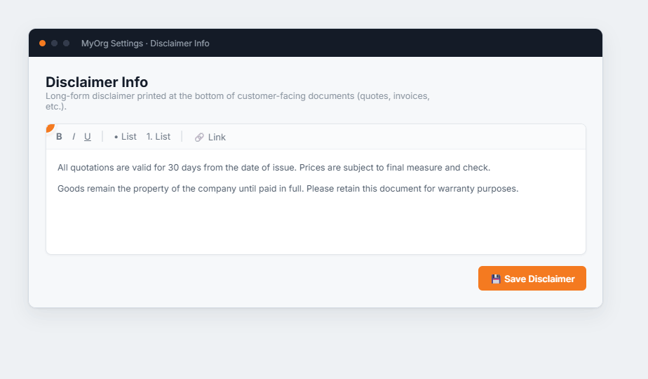 The Disclaimer editor with a formatting toolbar and disclaimer text, and a Save Disclaimer button.