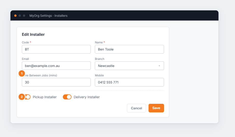 The edit Installer form with code, name, email, branch, time-between-jobs and pickup/delivery toggles.