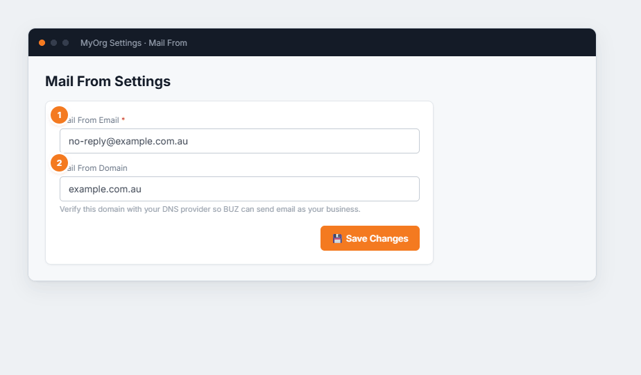 The Mail From settings with a mail-from email and mail-from domain field.