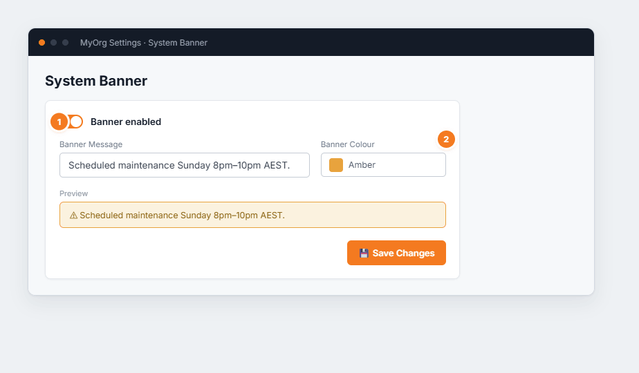 The System Banner settings with an enabled toggle, message, colour picker and a live preview.