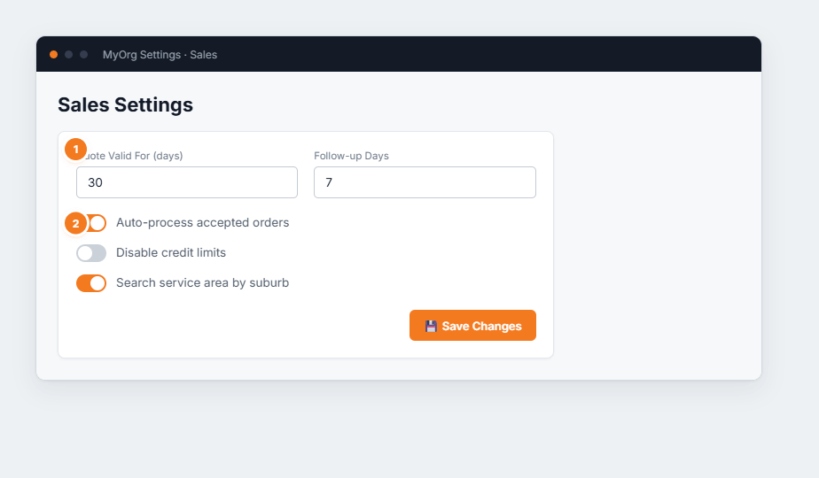 The Sales Settings page with quote validity, follow-up days, and three behaviour toggles.