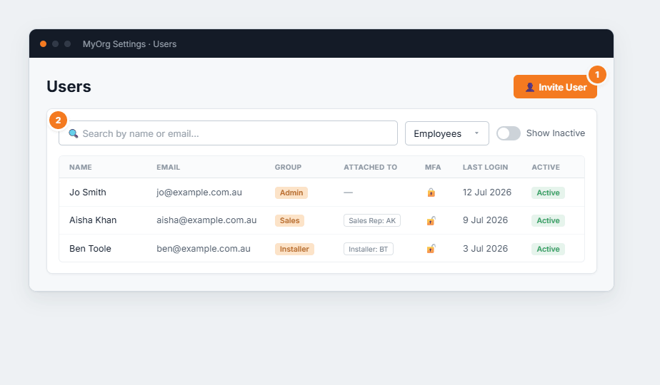 The Users list with search, access-level filter, show-inactive toggle, and columns for name, email, group, attached-to, MFA, last login and active status.