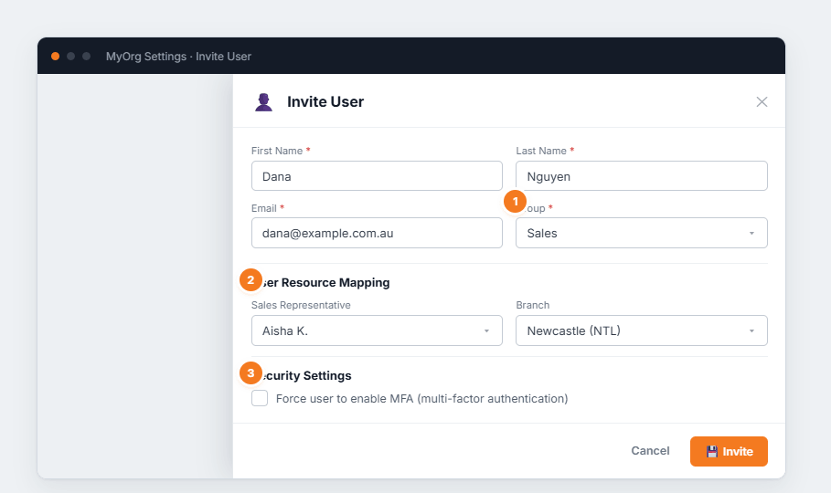The invite/edit user drawer with name, email, group, resource mapping and security settings.