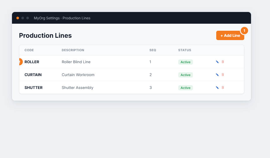 The Job Tracking Lines list with code, description, sequence and status.